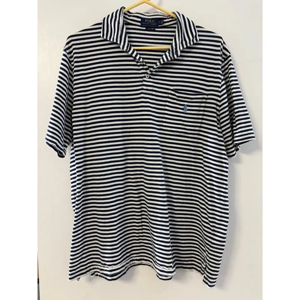 POLO RALPH LAUREN Shirt Mens Large L Classic Fit Striped Pocket Polo Navy White